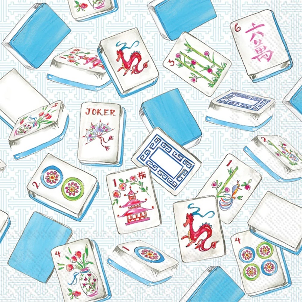 Set of Two (2) INDIVIDUAL Blue Mahjong Tile Decoupage Cocktail Napkins